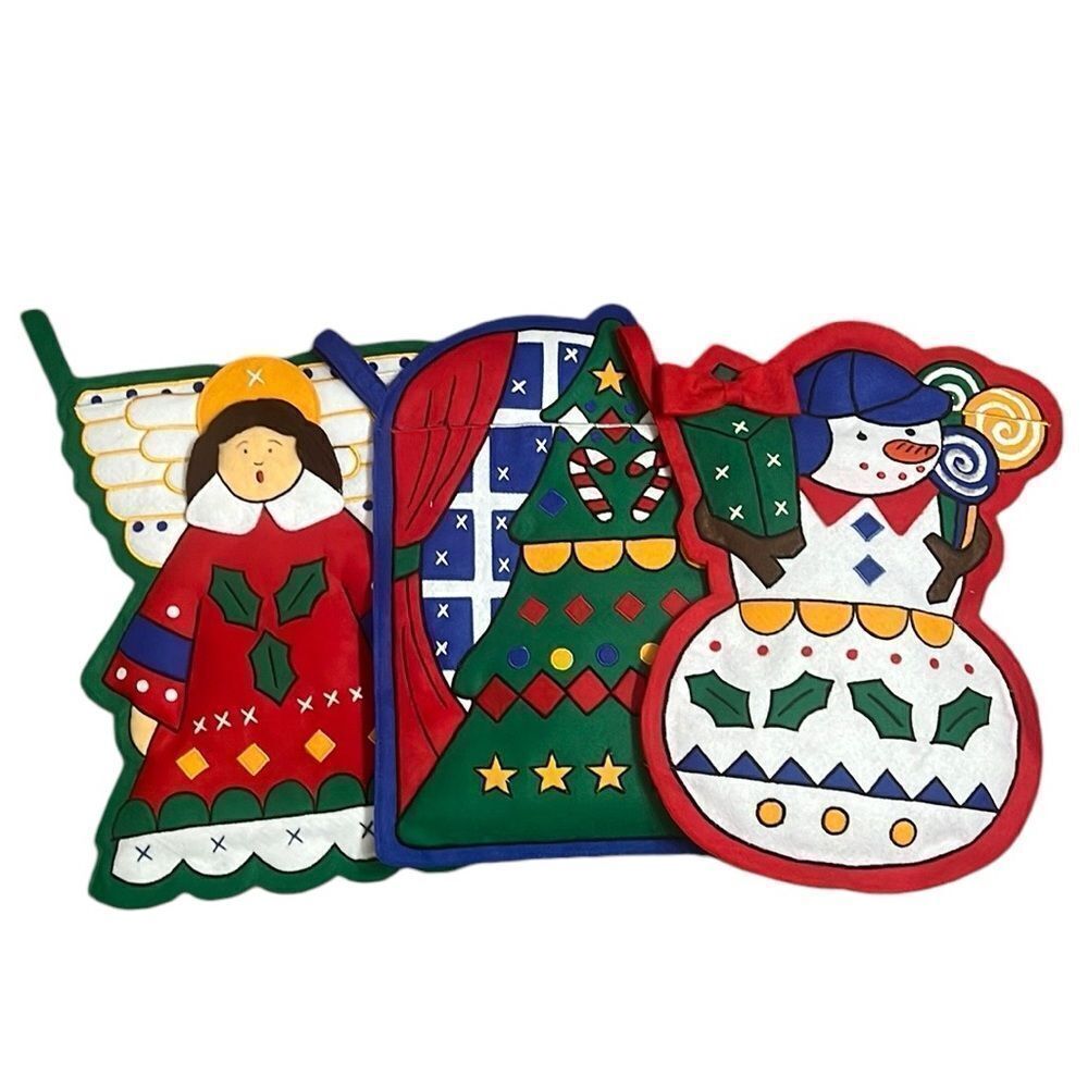 Vintage L’Art Felt Christmas Stockings Angel Tree Snowman Set Holiday